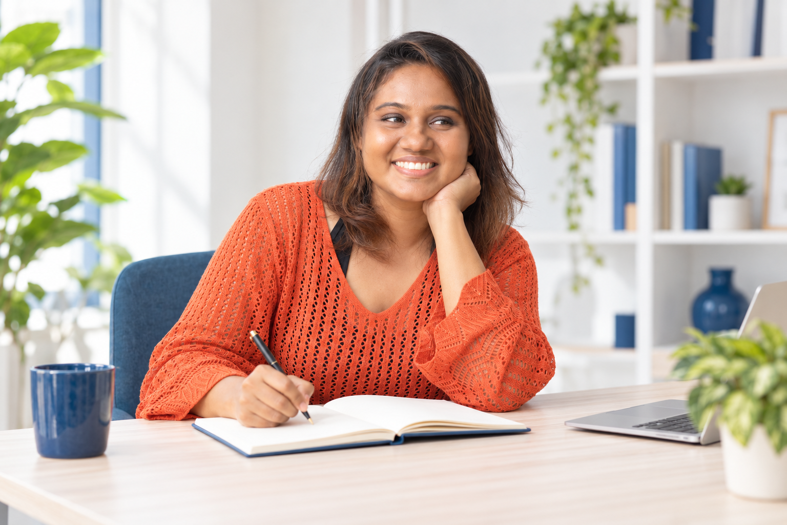 AI promotional portrait of Lahiruka writing notes in a bright workspace